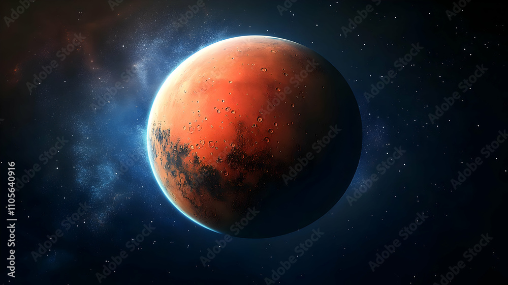 Obraz premium A Detailed 3D Illustration of the Red Planet Mars, Showing Its Surface Features and Cratered Landscape, Set Against a Starry Background, with a Glowing Halo Effect Around Its Edges.
