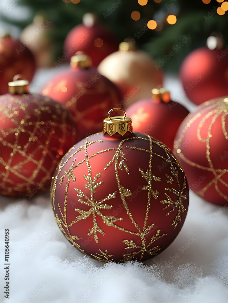 Red and gold Christmas ornaments on snowy surface. Red and gold Christmas ornaments on snowy surface.