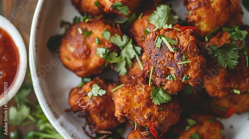 Crispy deep fried cauliflower patties referred to a pakora