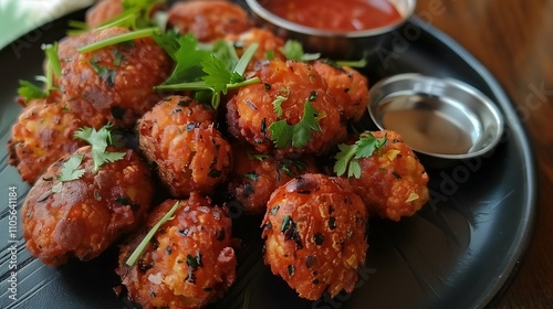 Crispy deep fried cauliflower patties referred to a pakora