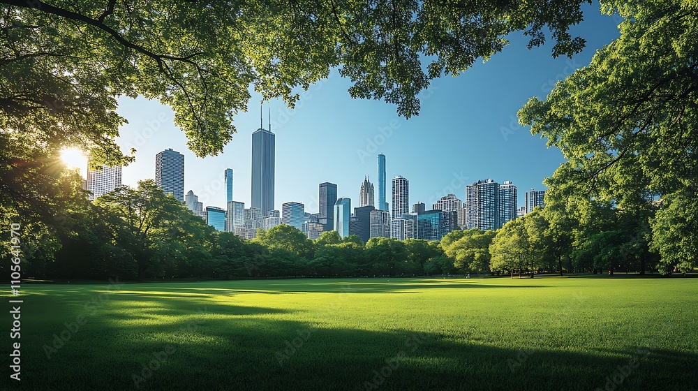 City Skyline Viewed Through Lush Green Trees City Skyline Viewed Through Lush Green Trees