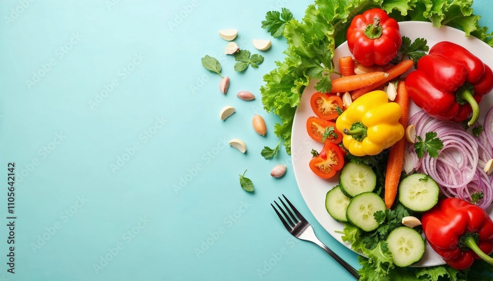 Colorful Fresh Vegetables On Plate With Light Blue Background Colorful Fresh Vegetables On Plate With Light Blue Background