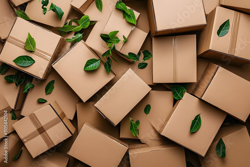 Heap of cardboard boxes from natural recyclable materials with green leaves sprout top view. Responsible consumption, eco friendly packaging, zero waste concept. photo