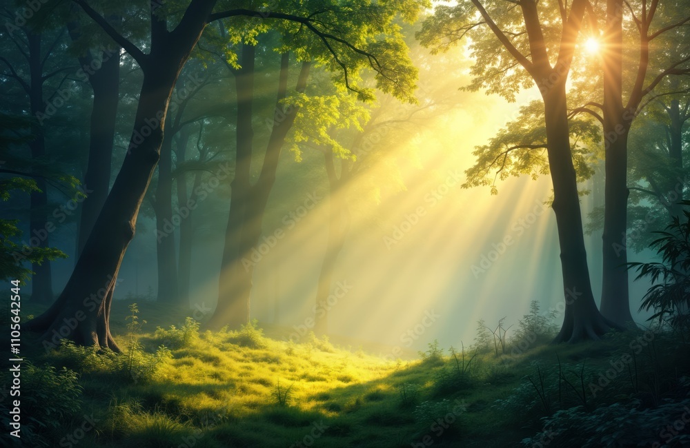 Obraz premium Misty forest awakes to golden morning light. Sunlight beams through rich green trees. Grass glows yellow. Nature scene shows tranquil summer spring morning. Three-dimensional art style creates
