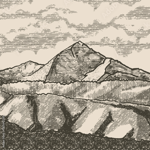 Mountain peak, illustration in medieval engraving style
