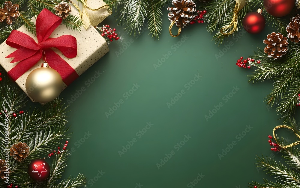 Christmas themed background featuring ornaments, a gift box with a red ribbon, and pine branches for seasonal decorations Christmas themed background featuring ornaments, a gift box with a red ribbon, and pine branches for seasonal decorations