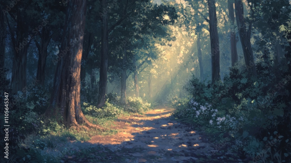 Obraz premium Sunlit path through a lush, green forest.