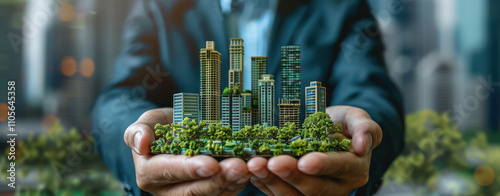 businessman holding a green city in his hand. the concept of ecology and environmental protection sustainability urban