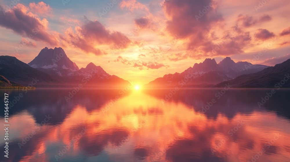 Obraz premium Serene Sunset Over Mountain Lake with Reflection of Colorful Sky and Peaks in Calm Waters, Capturing the Beauty of Nature in Tranquil Landscape Scenery