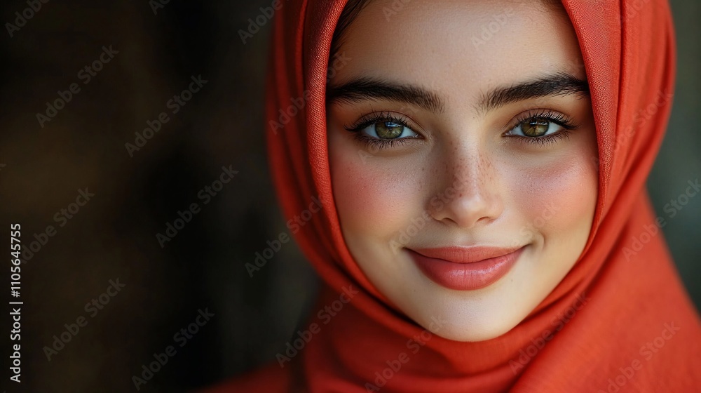 Smiling young woman in a vibrant orange hijab, close-up portrait.