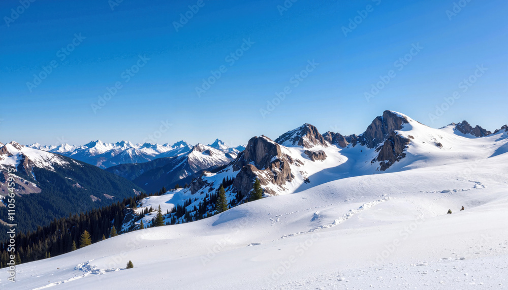 Snowy mountain peaks under a clear blue sky Snowy mountain peaks under a clear blue sky