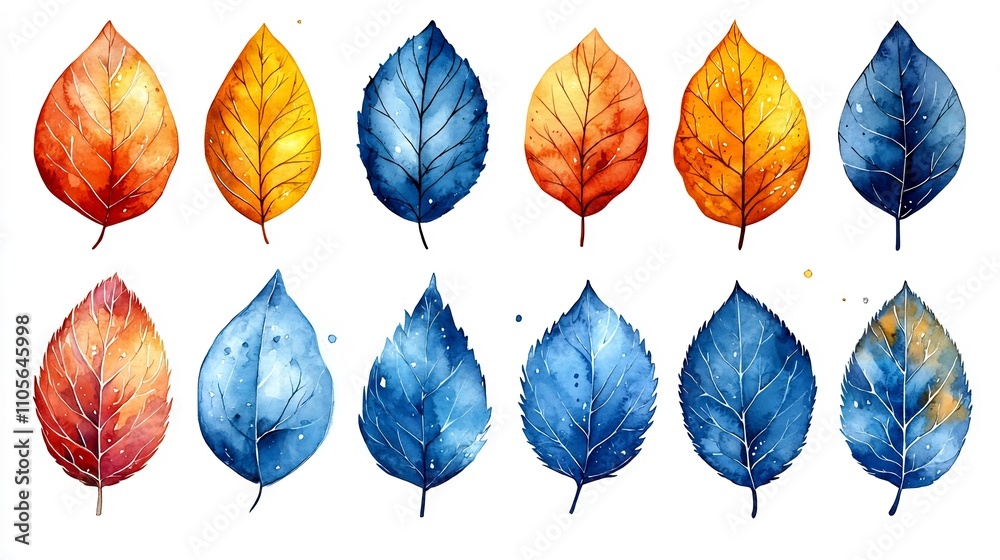 Obraz premium Vibrant Watercolor Leaf Collection on White Background Whimsical Botanical with Playful Color Splashes