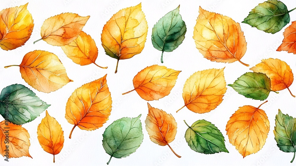 Vibrant Watercolor Autumn Leaves Scattered on White Background Vibrant Watercolor Autumn Leaves Scattered on White Background