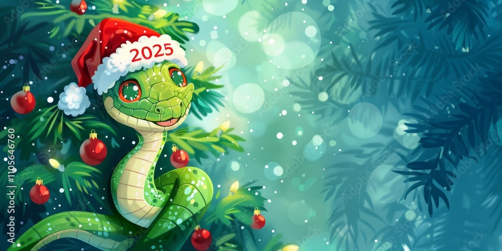 A cartoon snake in a Santa Claus hat on the background of a Christmas tree. The symbol of the New Year 2025. Happy New Year and Merry Christmas card A cartoon snake in a Santa Claus hat on the background of a Christmas tree. The symbol of the New Year 2025. Happy New Year and Merry Christmas card