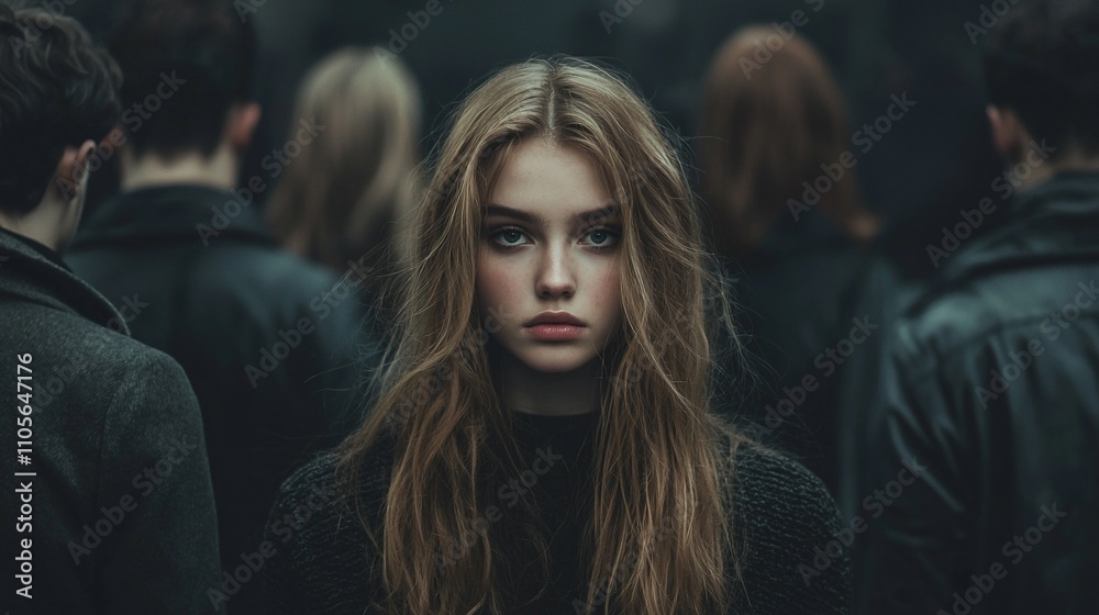 A young woman stands out from a crowd of people. A young woman stands out from a crowd of people.