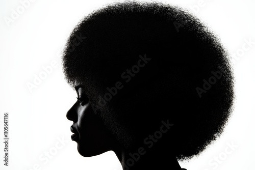 A bold silhouette image showcasing a profile with an afro hairstyle set against a stark white background, emphasizing the striking contrast and unique form. photo