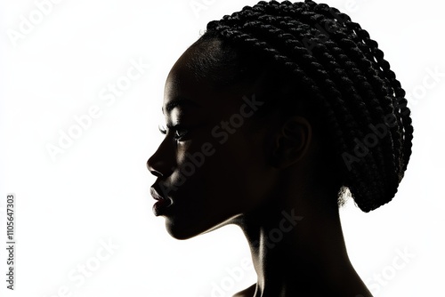 This striking image features the side profile of a woman adorned with cornrow braided hair and a small earring, silhouetted against a pristine white background. photo