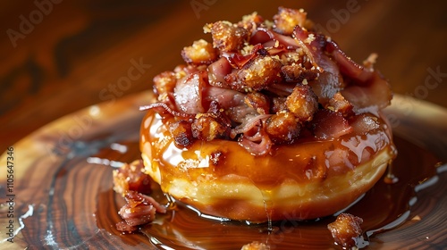 Decadent honey pork donut with crunchy pig chunks on a polished base photo