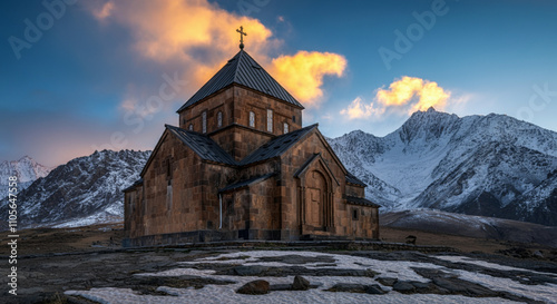 A tranquil Christian church nestled in snowcapped mountains during sunrise, with golden light reflecting on the temple's roof