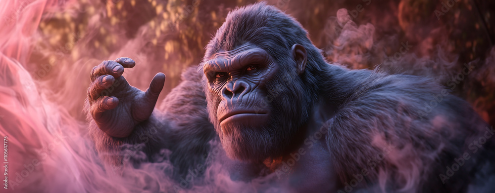 King Kong, majestic pose, fierce eyes, resolute face, pastel-colored studio 18:7 King Kong, majestic pose, fierce eyes, resolute face, pastel-colored studio 18:7
