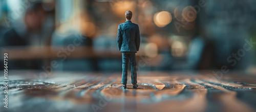 wood model businessman standing on a wooden table goals inscription strung on a thread on reflective table