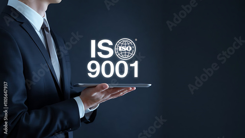 ISO 9001 Concept, Businessman holding a tablet with text iso 9001, ISO 9001, quality management, international standards, ISO certification, photo