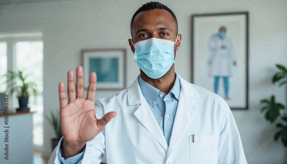 Doctor in Protective Mask Gestures Stop for Safety Measures Doctor in Protective Mask Gestures Stop for Safety Measures