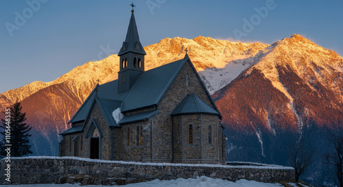 A tranquil Christian church nestled in snowcapped mountains during sunrise, with golden light reflecting on the temple's roof