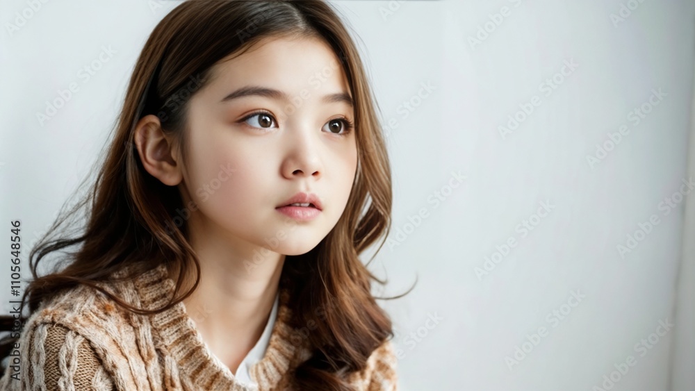 Young girl with long hair, pensive expression in cozy sweater, bright indoor setting, copy space Young girl with long hair, pensive expression in cozy sweater, bright indoor setting, copy space