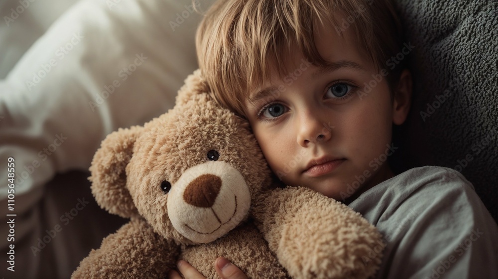 Child holding teddy bear, expression of need and affection, cozy indoor setting, copy space Child holding teddy bear, expression of need and affection, cozy indoor setting, copy space