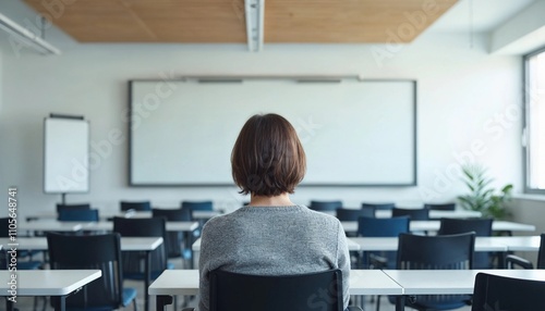 Student Sitting Alone in an Empty Modern Classroom