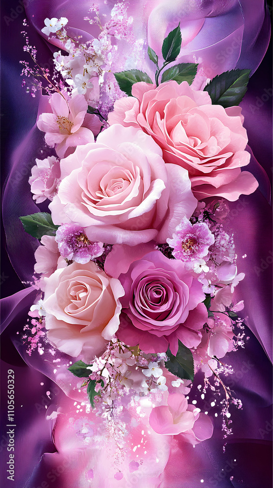 Digital Painting of a Pink Rose Bouquet with Delicate Blossoms on a Purple Background Digital Painting of a Pink Rose Bouquet with Delicate Blossoms on a Purple Background