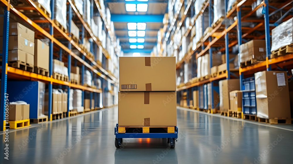 Warehouse Cart Transports Cardboard Boxes Down Aisles Warehouse Cart Transports Cardboard Boxes Down Aisles