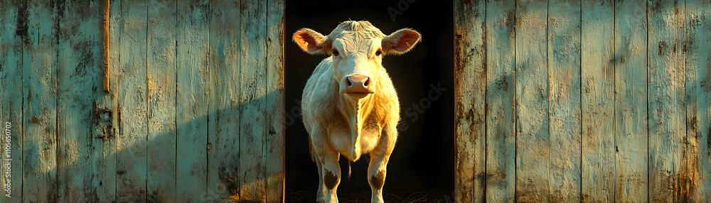Young white calf stands in old barn doorway. Young white calf stands in old barn doorway.