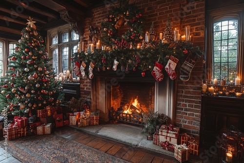 Festive fireplace with Christmas decorations, candles, and presents, surrounded by a cozy old English-style room with a large decorated Christmas tree.