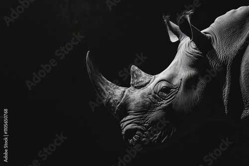 Captured in moody lighting, a rhinoceros stands highlighted, showcasing its iconic horn and representing themes of grace and raw power in nature. photo