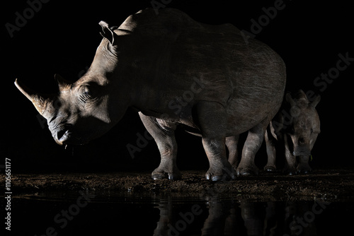 White rhino (Ceratotherium simum) and calf at night, Zimanga Private Game Reserve, KwaZulu-Natal, South Africa photo