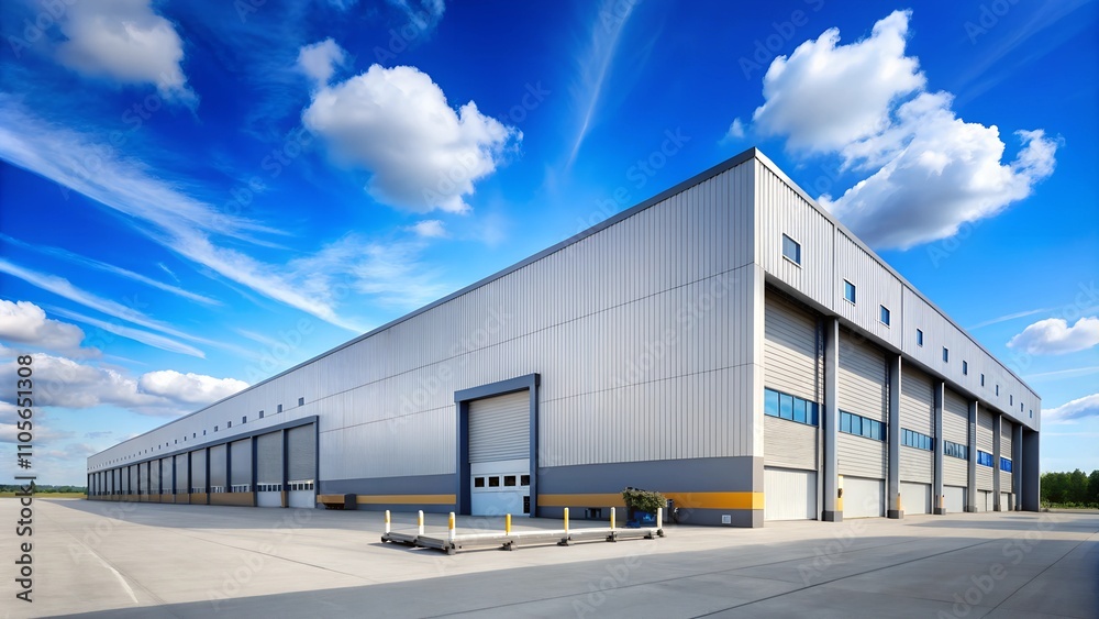 Fototapeta premium Logistics warehouse building, a blue sky background