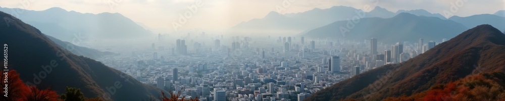 View of Korean city nestled in valley surrounded by mountains. High rise buildings, urban landscape blend with natural environment. Autumn colors paint hillsides. City sprawls out below. Misty View of Korean city nestled in valley surrounded by mountains. High rise buildings, urban landscape blend with natural environment. Autumn colors paint hillsides. City sprawls out below. Misty