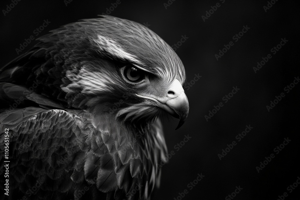 Obraz premium An elegant black and white image capturing a hawk's intense gaze, embodying themes of grace, focus, and the relentless pureness of its natural instincts.