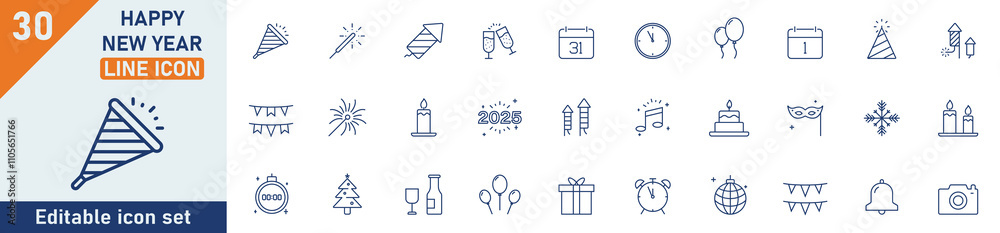 Fototapeta premium New Year line icon set. Set of 30 outline icons related to happy new year, firecrackers, trumpets, party, new year, fireworks, christmas, celebrate and others. Editable stroke. Vector illustration.