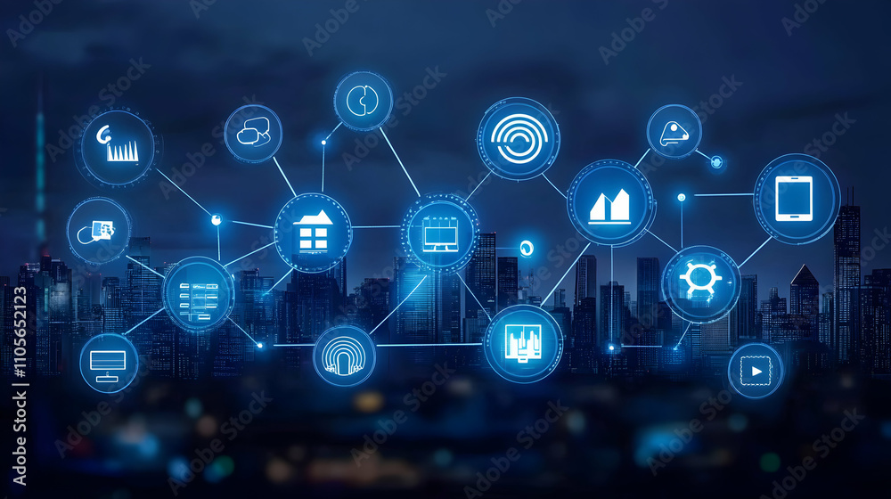 Digital Network Connects Smart City at Night Digital Network Connects Smart City at Night