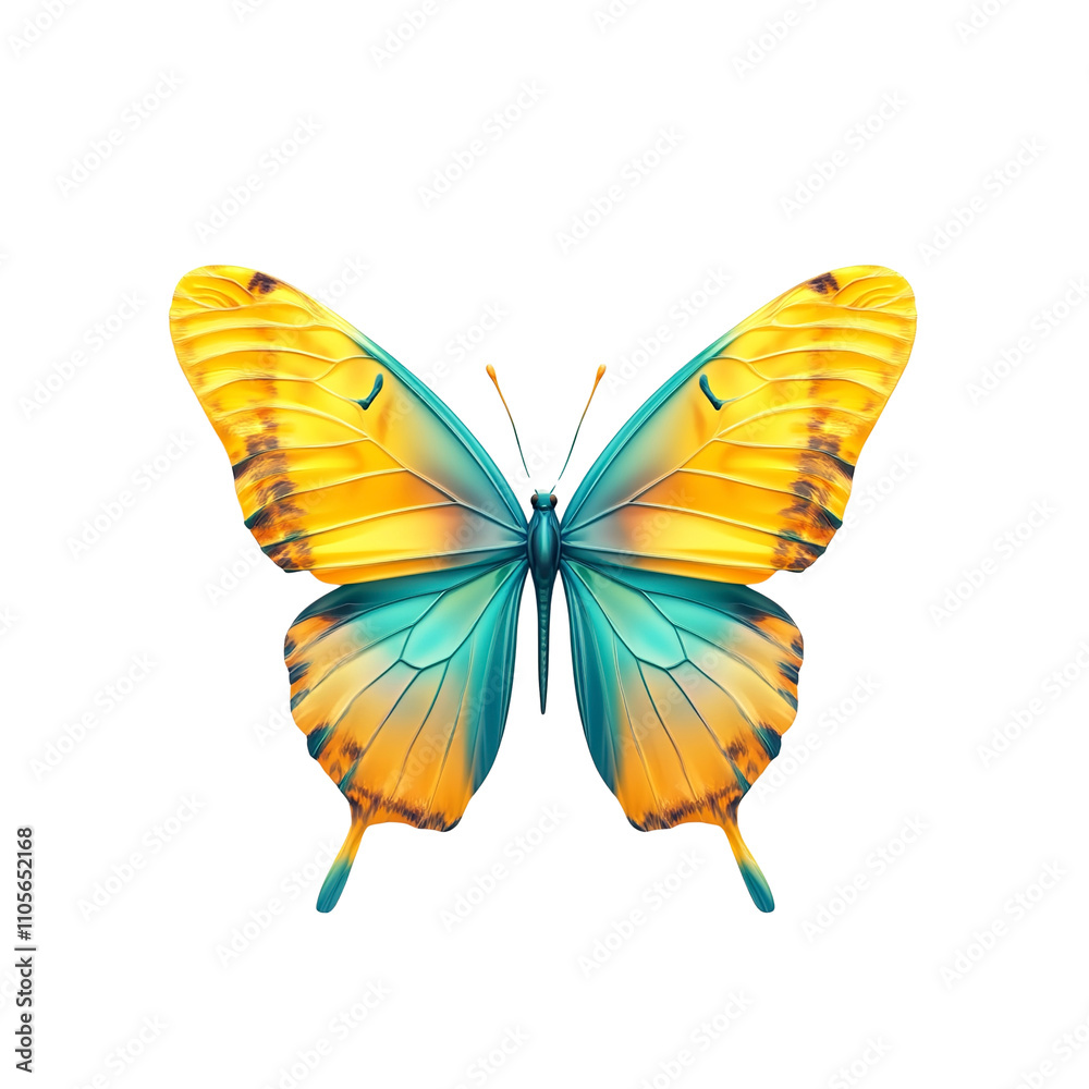 Vibrant Yellow and Teal Butterfly Isolated on White Background Vibrant Yellow and Teal Butterfly Isolated on White Background