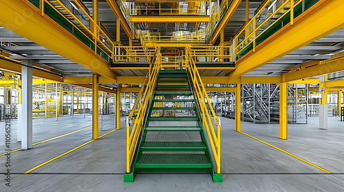 Industrial Building Interior with Green Metal Staircase and Yellow Steel Structure