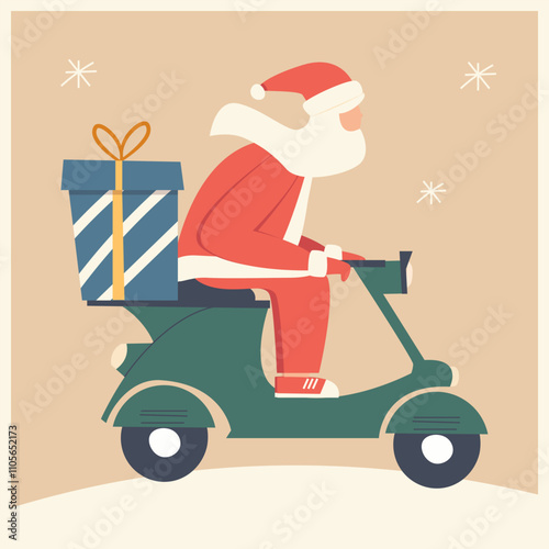 Santa Claus riding a scooter with a gift