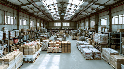 Warehouse Interior: Rows of Cardboard Boxes Stacked on Shelves in a Large Industrial Building