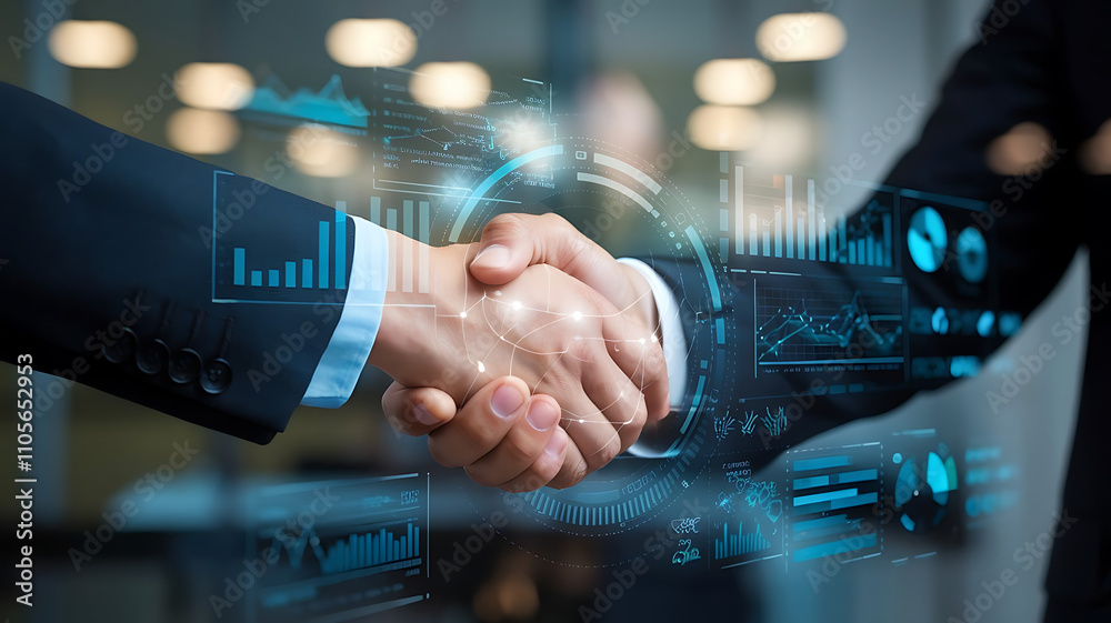Fototapeta premium close-up of two hands shaking in a professional business setting, digital handshake, business network growth, connectivity
