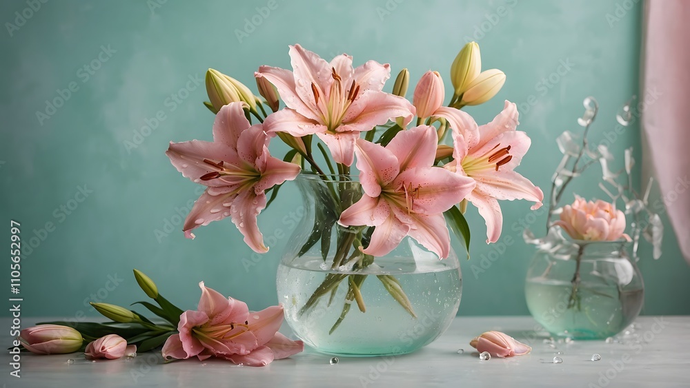 Obraz premium Beautiful Arrangement of Pink Lilies in a Glass Vase on a Serene Green Backdrop