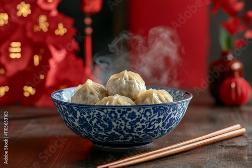 Steaming dumplings in blue porcelain bowl with red lanterns and chopsticks.