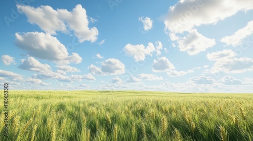 A vibrant landscape showcasing lush green wheat fields under a bright blue sky with fluffy white clouds.